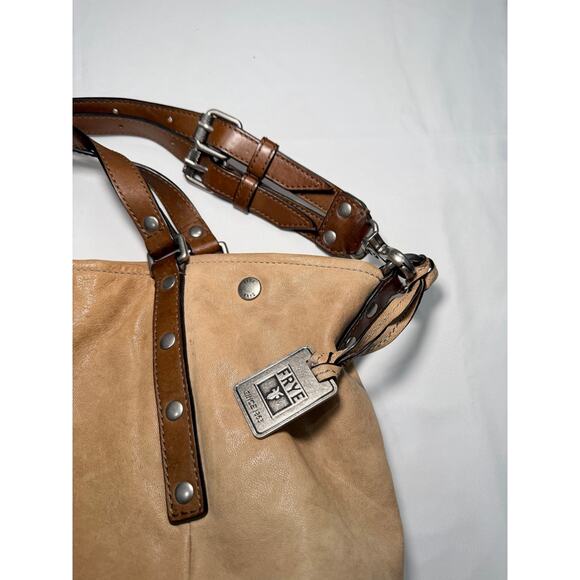Frye Leather Tote Shoulder Bag Tan Buckle Straps Boho Western - Picture 14 of 14